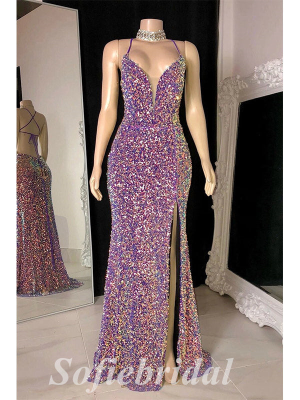 Sexy Shiny Sequin Spaghetti Straps V-Neck Sleeveless Criss Cross Lace Up Side Slit Mermaid Long prom Dresses,SFPD0713 Sexy Shiny Sequin Spaghetti Straps V-Neck Sleeveless Criss Cross Lace Up Side Slit Mermaid Long prom Dresses,SFPD0713