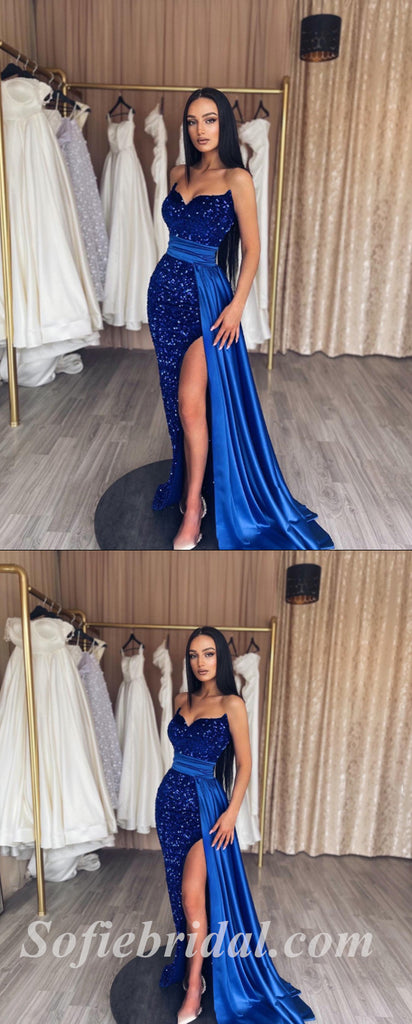 Sexy Royal Blue Sequin And Satin Sweetheart  Sleeveless Side Slit Mermaid Long Prom Dresses/Evening Dresses,SFPD0354