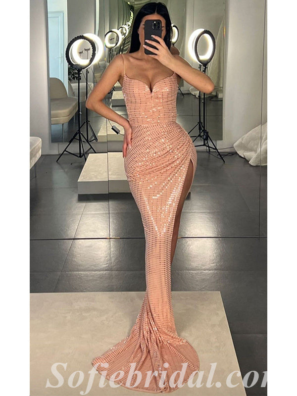 Sexy Special Fabric Spaghetti Straps V-Neck Side Slit Mermaid Long Prom Dresses,SFPD0418