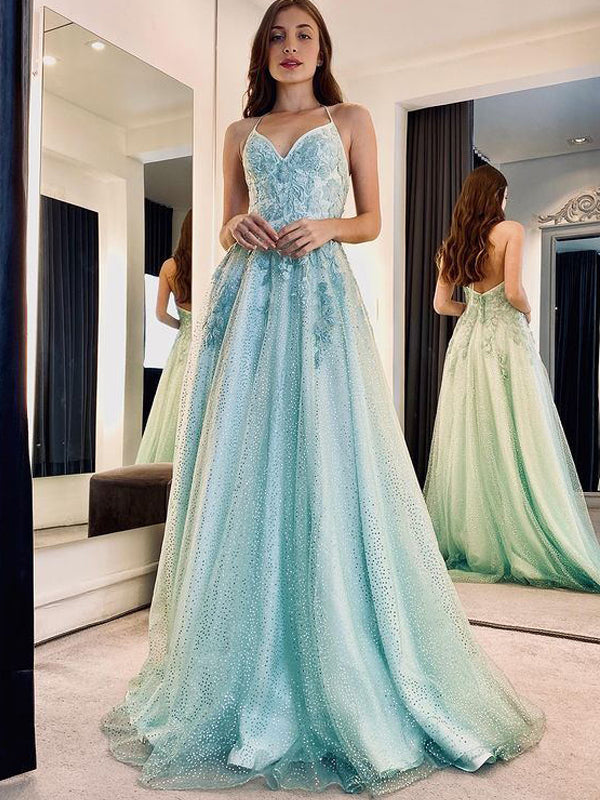 Charming V-neck A-line Tulle Lace Floor-length Long Prom Dresses,SFPD0131