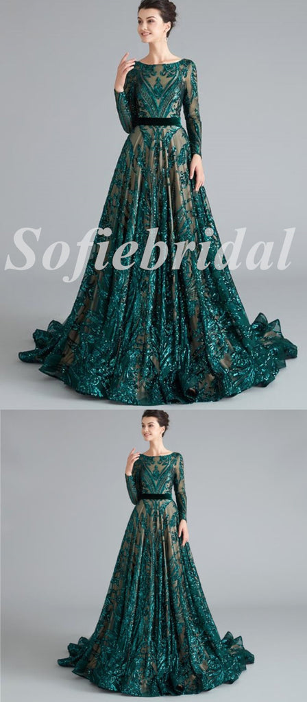 Elegant Tulle And Sequin Lace Long sleeves A-Line Long Prom Dresses, PD0822