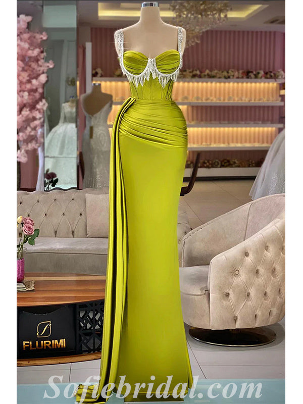 Sexy Satin Spaghetti Straps Sleeveless Mermaid Long Prom Dresses With Trailing,SFPD0456