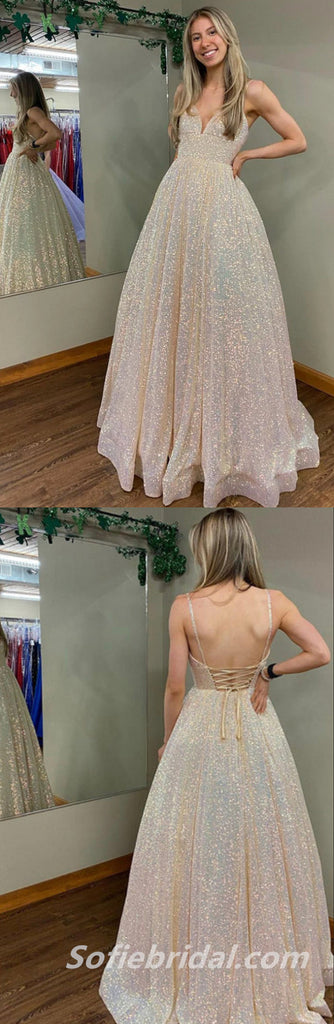 Shiny Sequin Tulle Spaghetti Straps V-Neck Open Back Lace Up A-Line Long Prom Dresses,SFPD0312