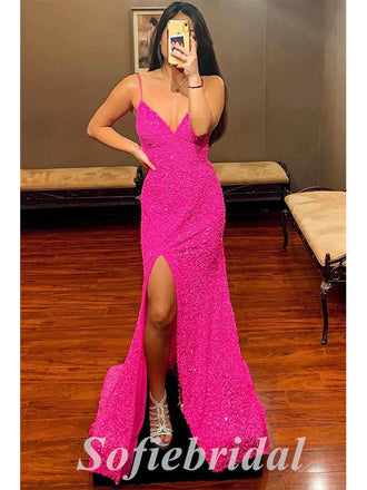 Sexy Special Fabric Spaghetti Straps V-Neck Sleeveless Side Slit Mermaid Long Prom Dresses,SFPD0634