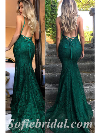Sexy Lace Spaghetti Straps V-Neck Sleeveless Open Back Mermaid Long Prom Dresses,SFPD0444