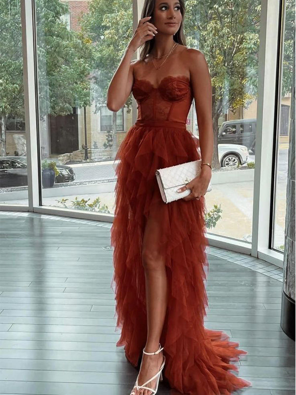 simple prom dress Stunning Long The formal ball gown is composed of a smooth satin woven fabric and lining for a voluminous effect Charming Sweetheart Tulle Side Slit