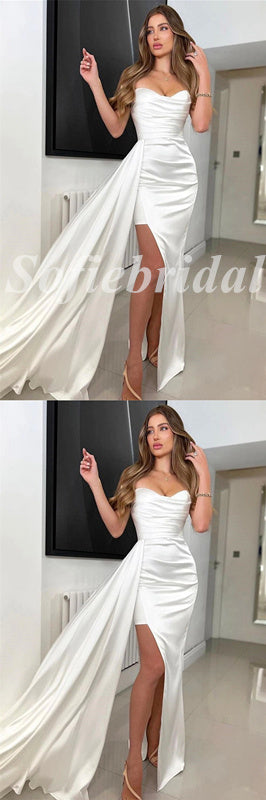 Sexy Soft Satin Sweetheart V-Neck Sleeveless Side Slit Mermaid Long Prom Dresses With Trailing,PD0768