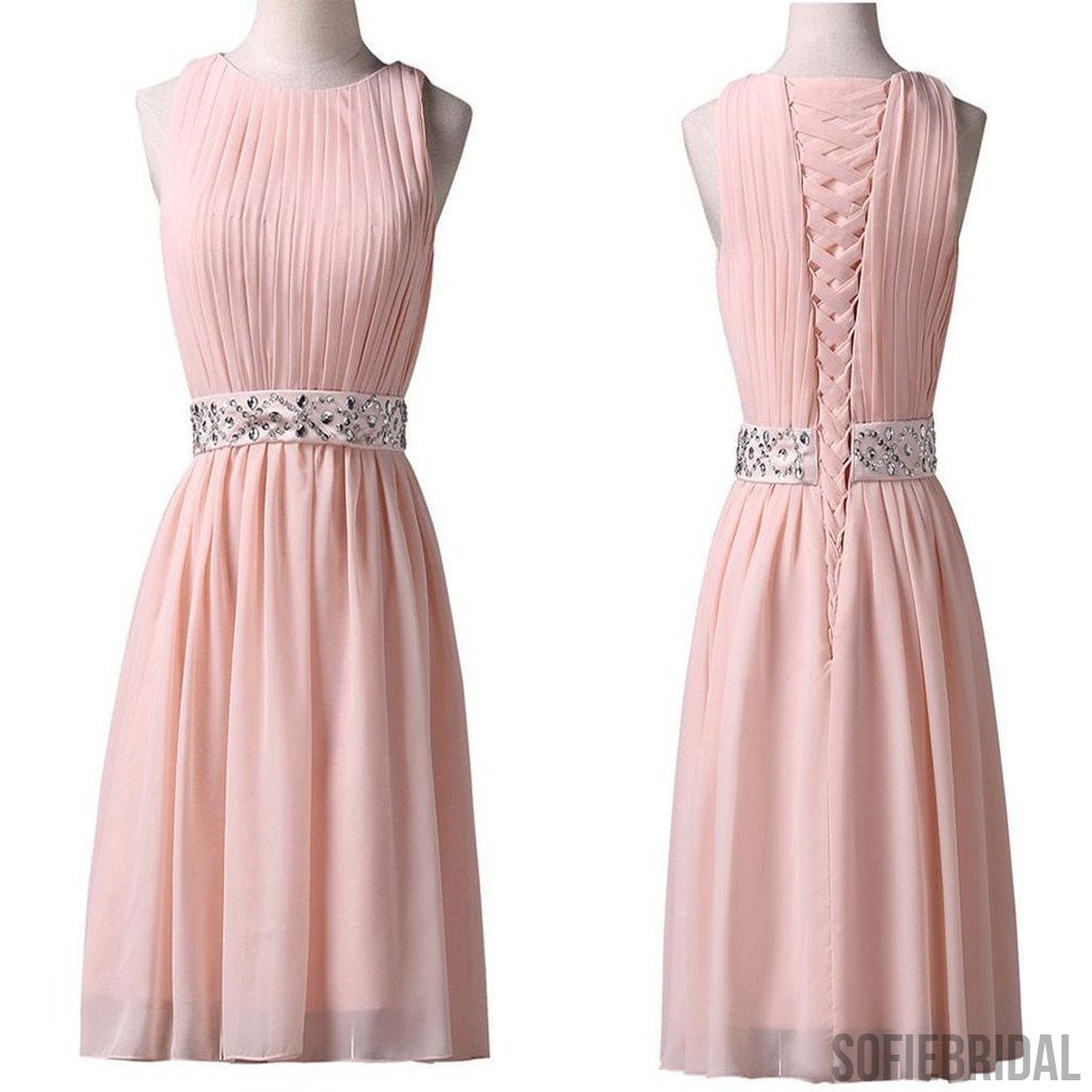 Light pink Jewel Sleeveless chiffon lace up back homecoming dresses, SF0084