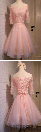 Pink lace off shoulder half sleeve graduation homecoming prom dress, SF0012