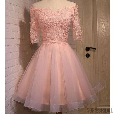 Pink lace off shoulder half sleeve graduation homecoming prom dress, SF0012