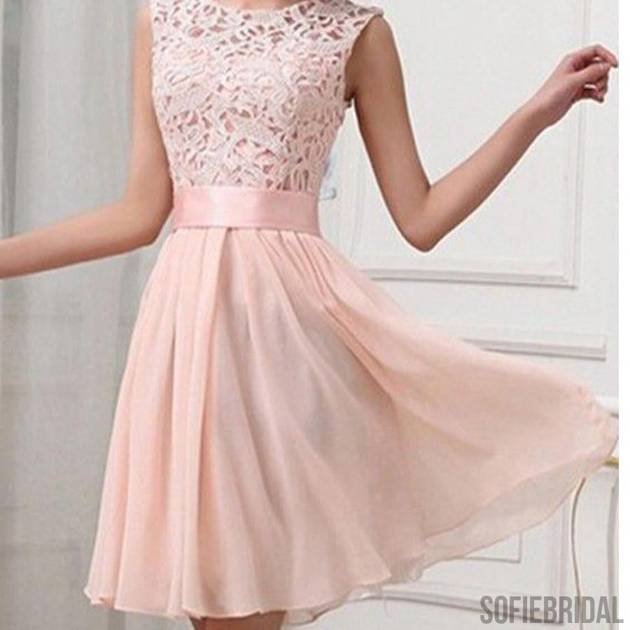 Light pink lace top chiffon homecoming prom dresses, SF0085