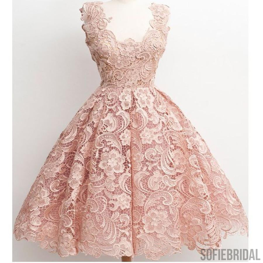 Pink Lace Sleeveless Cute Homecoming Prom Dresses, SF0063