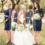 Elegant One Shoulder Long Sleeve Lace Navy Blue Knee Length Short Cheap Bridesmaid Dresses, WG128