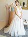 A-line V-neck White Tull Appliques Prom Dresses, PD0988
