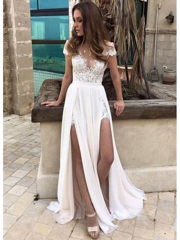 Short Sleeve Sexy Slit Casual Custom Cheap Beach Wedding Dresses, WD31 – SofieBridal