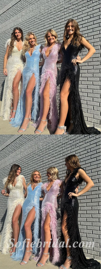 Sexy Charming Mismatched Sequin Spaghetti Straps V-Neck Sleeveless Side Slit Mermaid Long Prom Dresses With Feather,SFPD0535