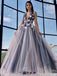Simple V-neck A-line Tulle Lace Floor-length Long Prom Dresses,SFPD0132