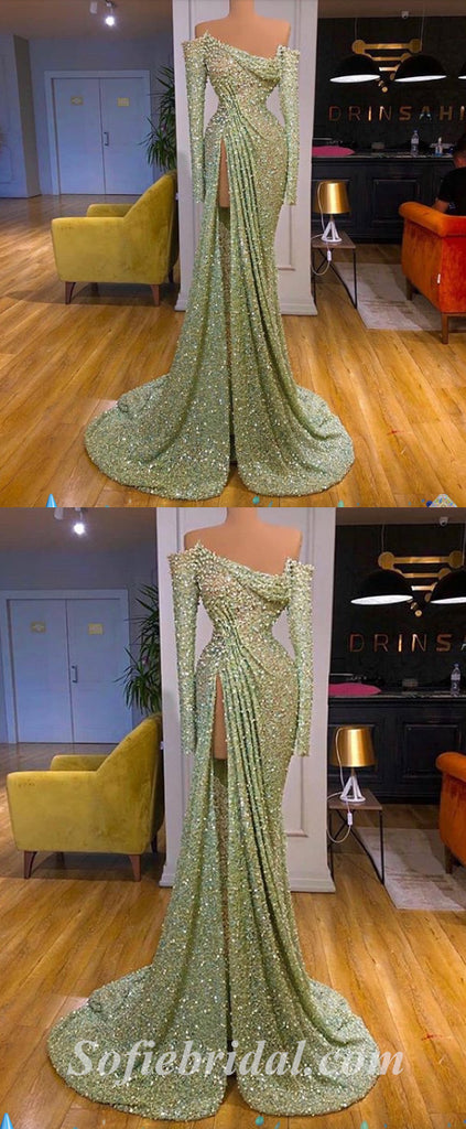 Gorgeous Charming Special Fabric Off Shoulder Long Sleeves Side Slit Mermaid Long Prom Dresses,SFPD0470