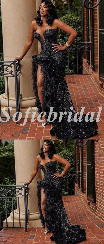 Sexy Black Sequin Sweetheart V-Neck Sleeveless Side Slit Mermaid Long prom Dresses With Feather,SFPD0711
