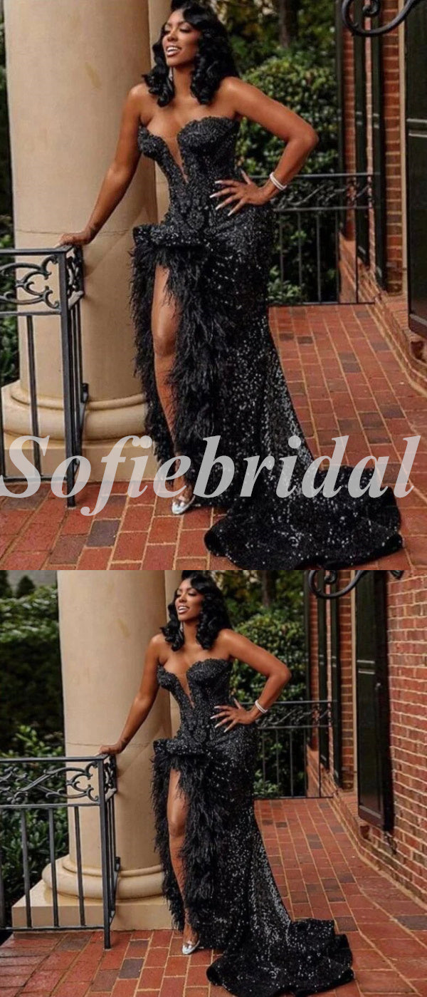 Sexy Black Sequin Sweetheart V-Neck Sleeveless Side Slit Mermaid Long ...