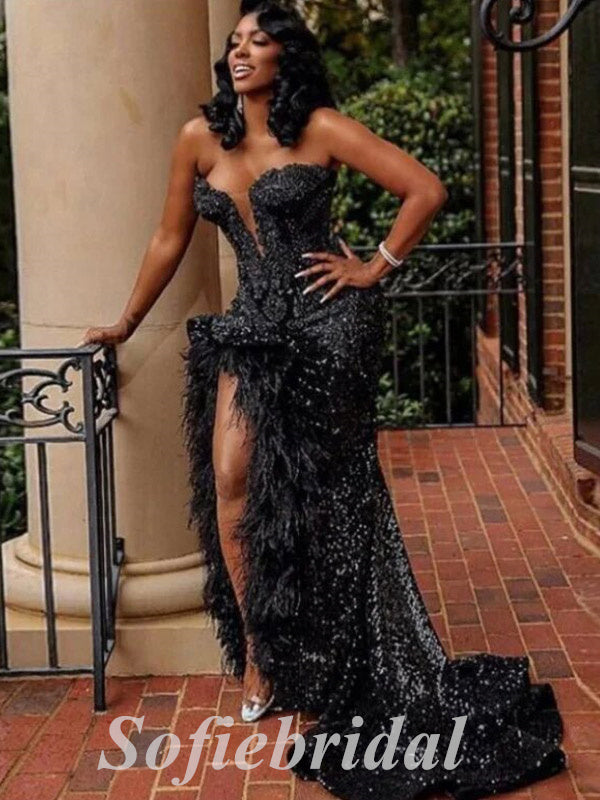 Sexy Black Sequin Sweetheart V-Neck Sleeveless Side Slit Mermaid Long prom Dresses With Feather,SFPD0711 Sexy Black Sequin Sweetheart V-Neck Sleeveless Side Slit Mermaid Long prom Dresses With Feather,SFPD0711