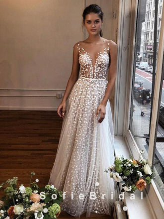 A-Line V-Neck Straps Tulle Floor Length Wedding Dresses With Lace,SFWD0012 A-Line V-Neck Straps Tulle Floor Length Wedding Dresses With Lace,SFWD0012
