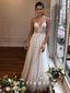 A-Line V-Neck Straps Tulle Floor Length Wedding Dresses With Lace,SFWD0012
