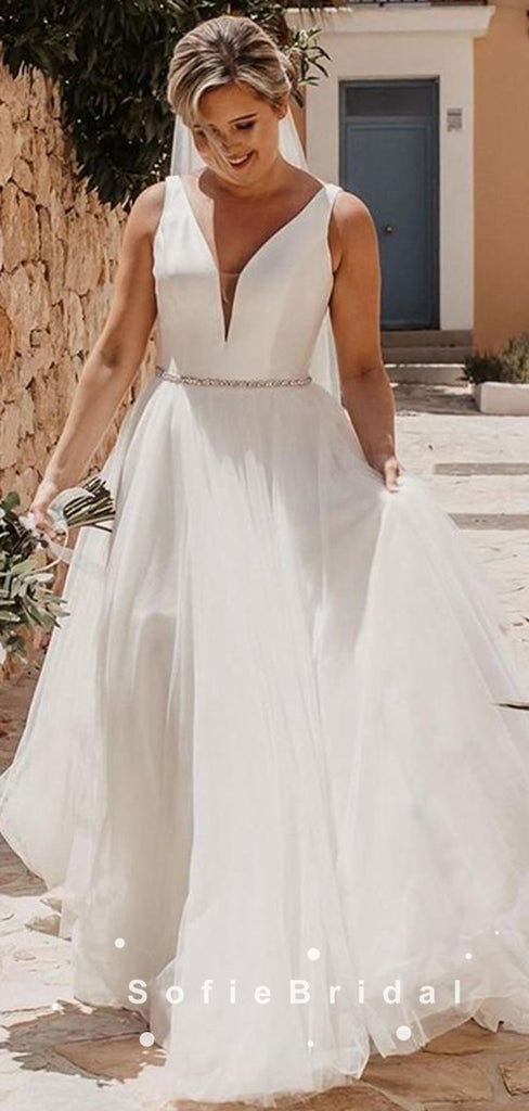 Simple A-Line V-Neck Sleeveless Tulle Wedding Dresses With Beading,SFWD0013
