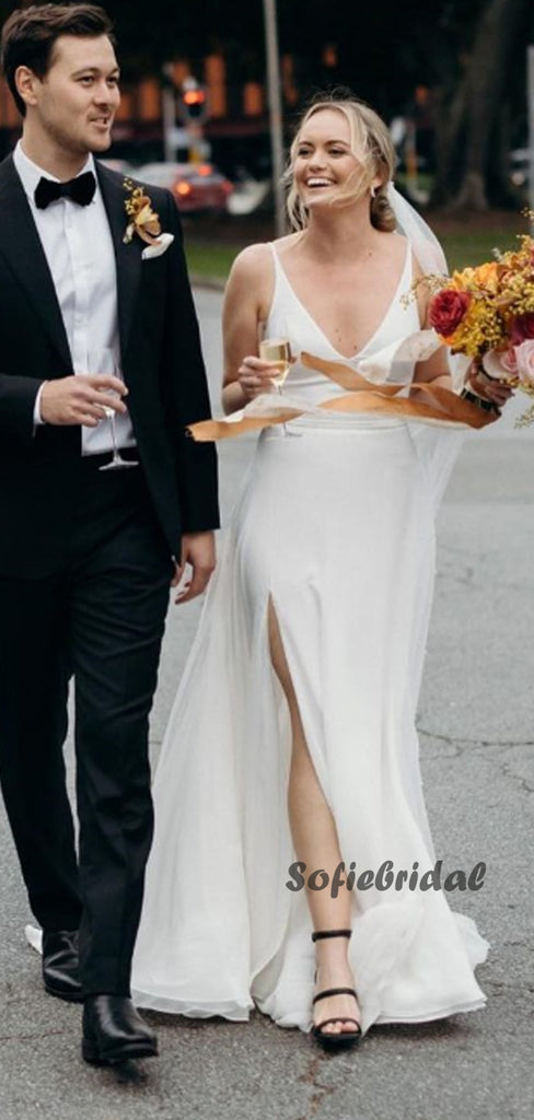 Spaghetti Straps V-neck Sleeveless Side Slit Long Wedding Dresses Online,SFWD0033