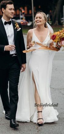 Spaghetti Straps V-neck Sleeveless Side Slit Long Wedding Dresses Online,SFWD0033