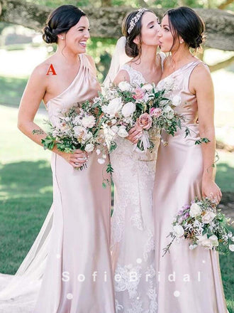 Simple Sheath V-Neck Spaghetti Straps Side Slit Long Bridesmaid Dresses,SFWG0013