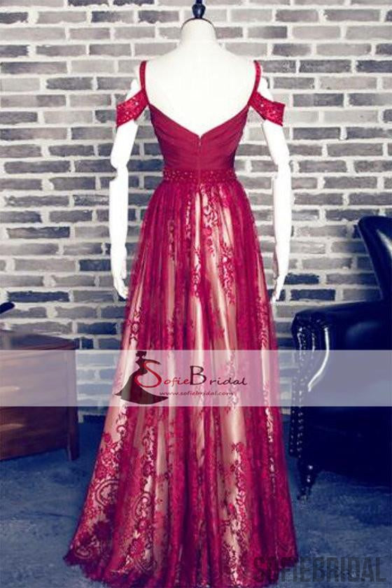 Off Shoulder Red Lace Beaded Prom Dresses, Long A-line Prom Dresses, Prom Dresses, PD0442