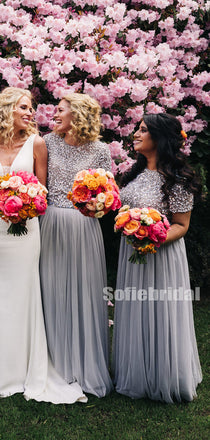 Elegant Scoop-neck Sequin Tulle Simple Long Bridesmaid Dresses,SFWG00396