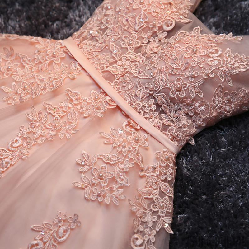 Cheap V Neck Peach Lace Beaded Cute Homecoming Dresses, CM445