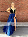Navy Blue V-neck Top Tulle A-line Prom Dresses, Simple Design Long Prom Dresses, PD0387