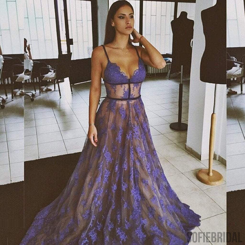 Spaghetti Purple Lace Long A-line Prom Dresses, Gorgeous Affordable Dresses for Prom, Evening Dresses, PD0315