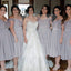 Cap Sleeve Off Shoulder Tea Length Chiffon Lace Grey On Sale Short Young Bridesmaid Dresses, WG134