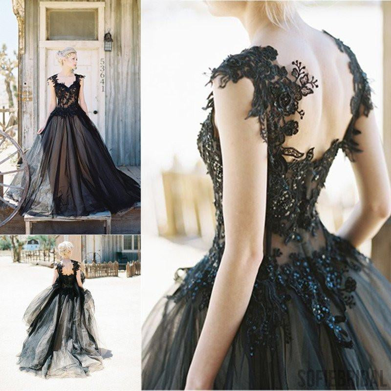 Gorgeous Black Lace Beaded Long A-line Black Tulle 2017 Popular Prom Dresses, PD0259