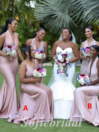 Mismatched Sexy Soft Satin V-Neck Sleeveless Mermaid Floor Length Bridesmaid Dressses,SFWG00482