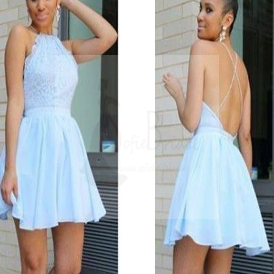 Popular baby blue open back halter sexy unique style freshman homecoming prom dresses, BD00139