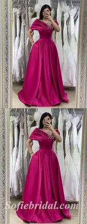 Sexy Satin Off Shoulder V-Neck Sleeveless A-Line Prom Dresses With Pockets,SFPD0373