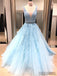 A-line V-neck Blue Appliques Long Tulle Prom Dresses, PD0987