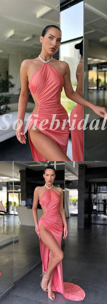 Sexy Satin Grecian Sleeveless Side Slit Mermaid Long Prom Dresses,PD0809
