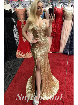 Sexy Gold Sequin Spaghetti Straps V-Neck Sleeveless Lace Up Side Slit Mermaid Long Prom Dresses,SFPD0620