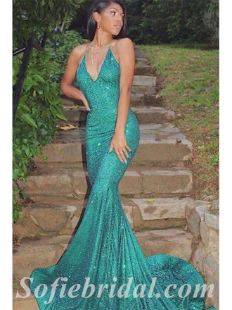 Sexy Charming Sequin Halter V-Neck Mermaid Long Prom Dresses,SFPD0439
