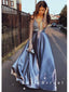 A-Line V-Neck Straps Satin Long Prom Dresses With Beading,SFPD0013