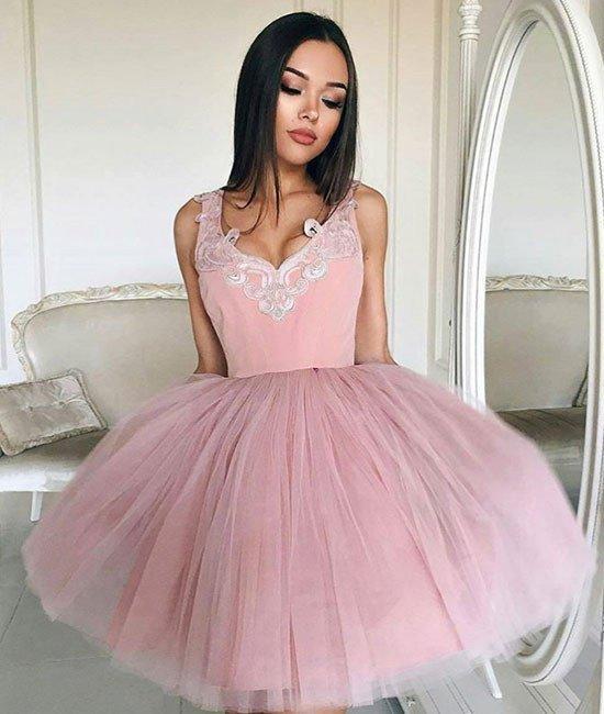 Cheap V Neck Tulle Cute Pink Homecoming Dresses 2018, CM439 SofieBridal Cheap V Neck Tulle Cute Pink Homecoming Dresses 2018, CM439 SofieBridal