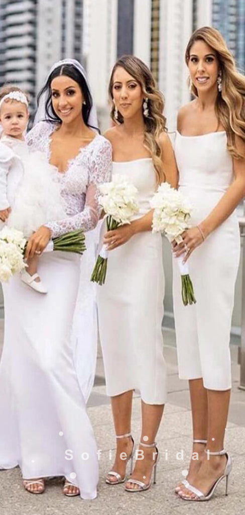 Mermaid Strapless White Tea Length Bridesmaid Dresses,SFWG0014