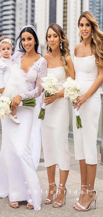 Mermaid Strapless White Tea Length Bridesmaid Dresses,SFWG0014