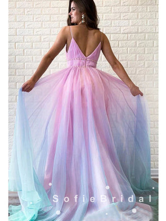 Alluring A-Line V-Neck Spaghetti Straps Ombre Chiffon Long Prom Dresses With Pleats,SFPD0014